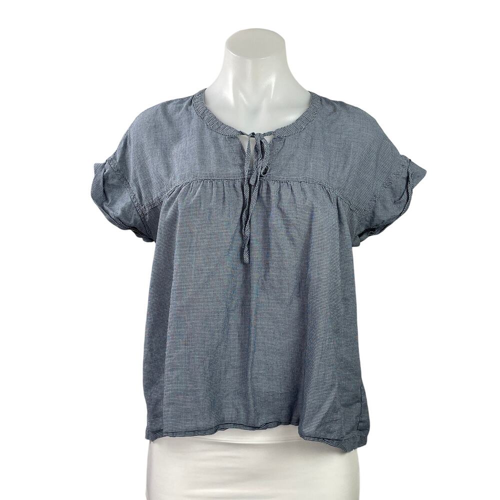 Madewell Womens White Blue Gingham Checkered Cap Sleeve V Neck Tie Blouse Top S